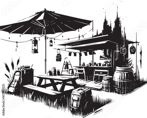 Black and white illustration of an outdoor cafe or bar with picnic table and umbrella