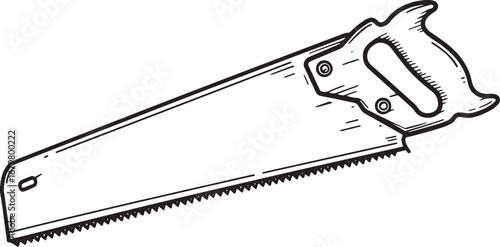 Hand saw in woodcut style, detailed monochrome illustration isol