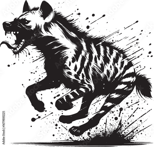 Dynamic black and white illustration of a running hyena with ink splatter effect