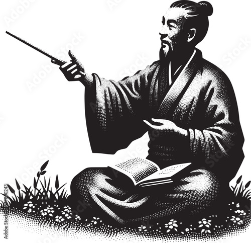 Illustration of a wise asian man in traditional attire holding a pointer and book