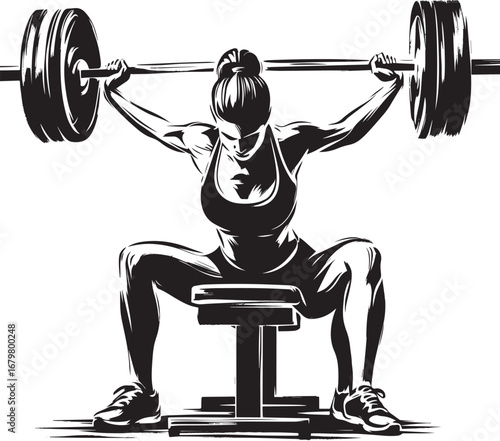 Monochrome illustration of female weightlifter performing bench