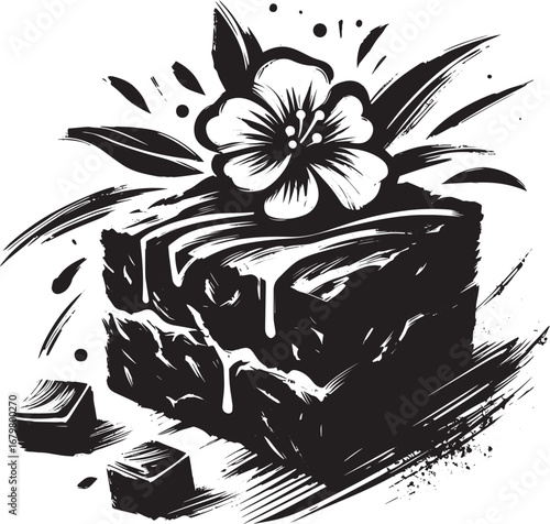 Chocolate brownie with flower artistic sumi-e brush stroke minim