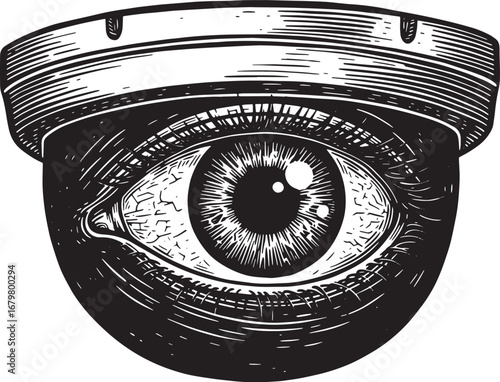 Surveillance apparatus with an observing eye, rendered in a wood
