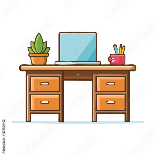 Wooden desk with open laptop potted plant and pen holder for home office work