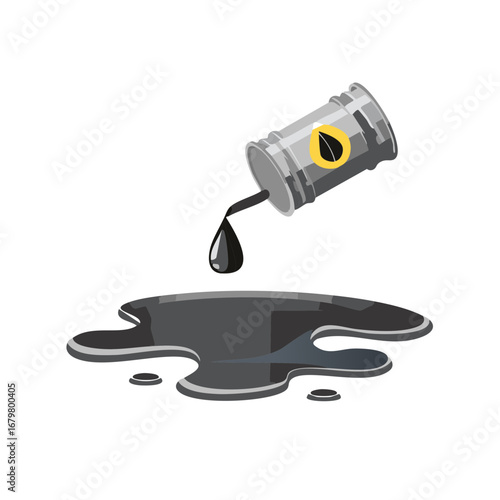 Illustration of Oil Spill: Barrel Pouring Black Liquid, Environmental Damage
