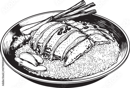 Exquisite Hainanese Chicken Rice Artwork, Detailed Illustration