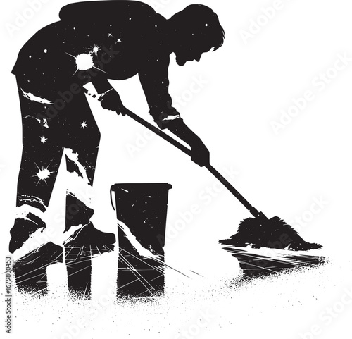 Silhouette of a person cleaning the floor with a mop and a bucket, artistic illustration