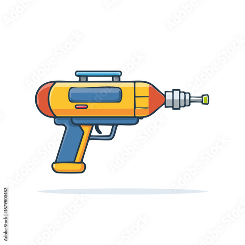 Retro futuristic ray gun with vibrant yellow and blue design on a white background