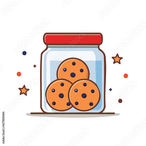 Illustration of a jar filled with cookies with decorative stars around it.
