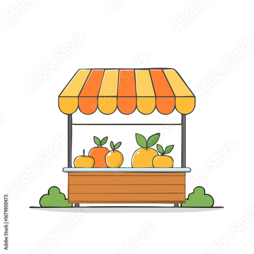 Illustration of an orange fruit stand with awning and fresh produce display