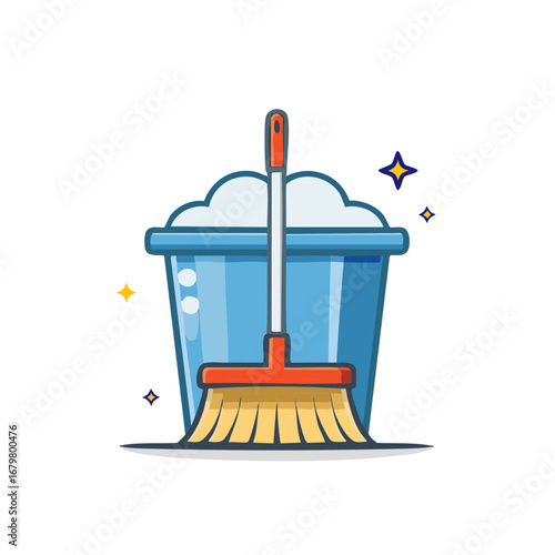 Cartoon Cleaning Bucket with Broom and Suds