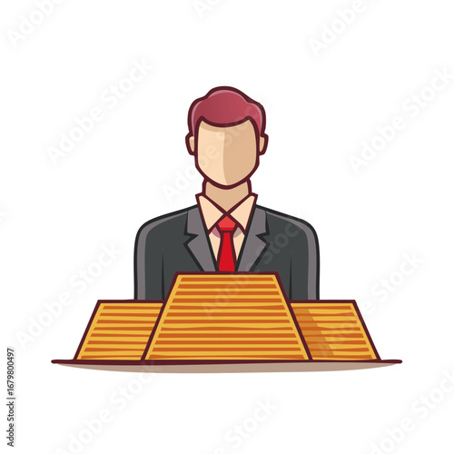 Cartoon of a man in suit behind the podium giving a speech