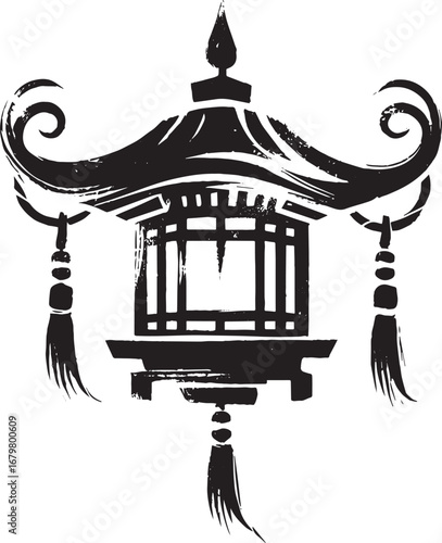 Artistic Ink Drawing of a Japanese Lantern with Flowing Brushstr