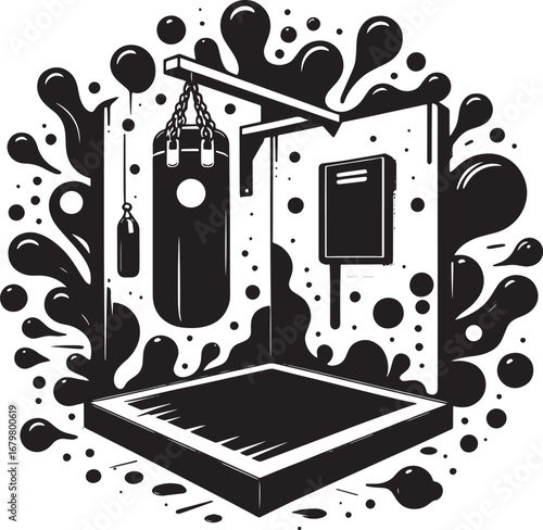 Vector illustration of a boxing gym featuring a punching bag and related equipment in a stylized