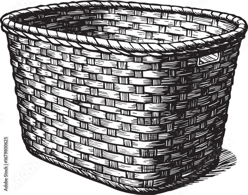 Hand-drawn woven basket in a pen and ink style, isolated on a wh
