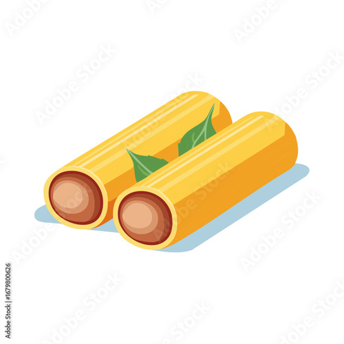 Cartoon illustration of filled pasta cylinders garnished with leaves