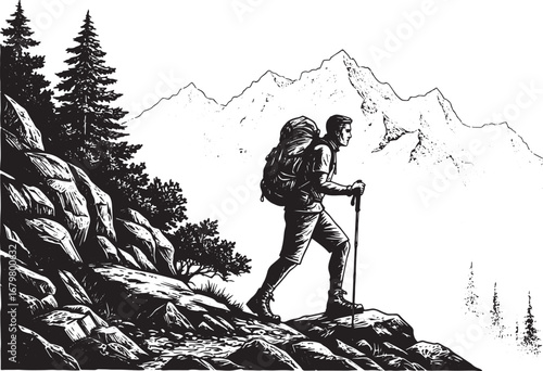 Monochrome Expedition: A Woodcut Style Illustration of Mountain
