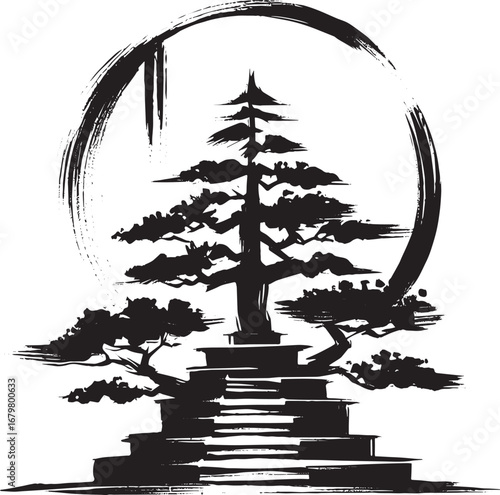 Elegant bonsai tree icon within an enso circle, minimalist sumi-