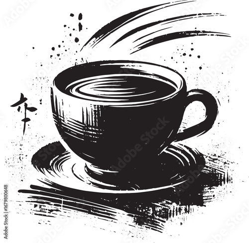 Elegant black and white sumi-e style coffee cup illustration wit
