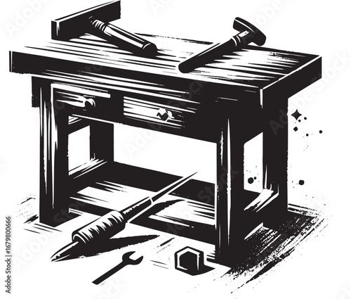 Artisan's workbench illustration in minimalist sumi-e ink style,
