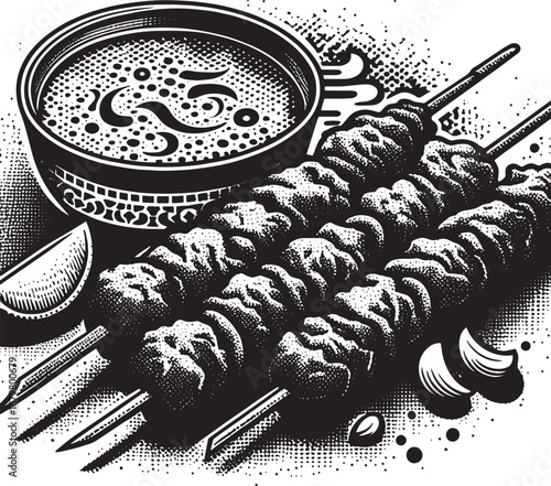 Delicious Grilled Meat Skewers with Sauce and Lemon: A Culinary Illustration in Black and White