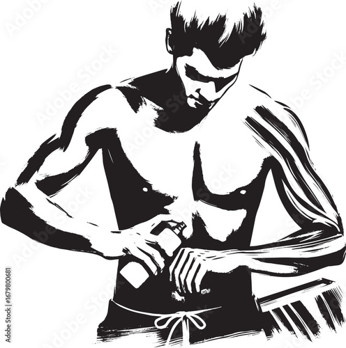 Monochromatic illustration: Man applying sunscreen, protection,