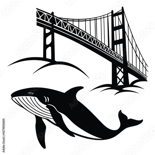 Whale swimming under glowing bridge silhouette