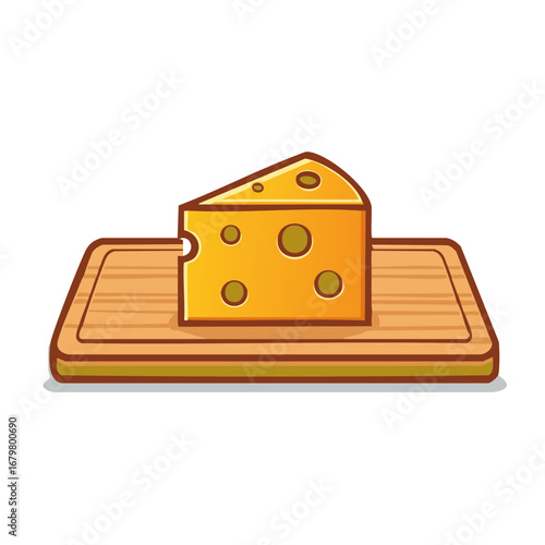 Vibrant Cartoon Yellow Cheese Wedge with Holes Resting on Wooden Cutting Board