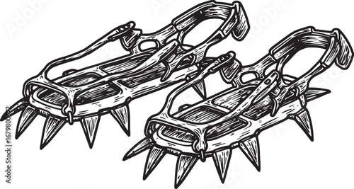 Detailed woodcut style illustration of mountaineering crampons o
