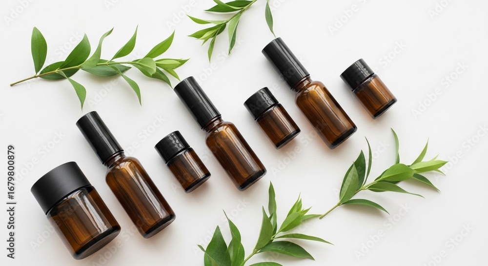Obraz premium Amber glass dropper bottles with green leaves for natural aromatherapy.