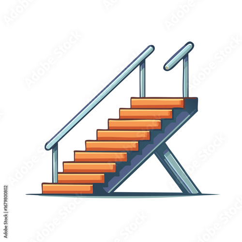 Staircase Illustration with Metal Railing and Wooden Steps Isolated on White