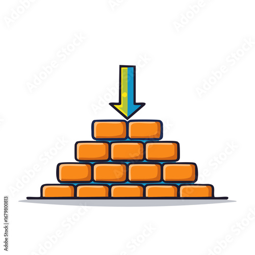 Heavy downward arrow pressing on a stable brick stack representing pressure and burden
