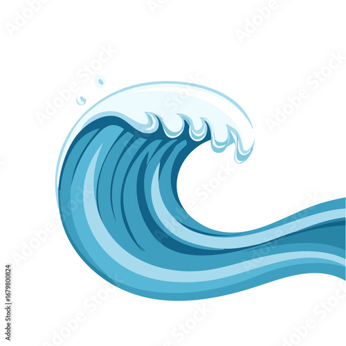 Stylized Blue Ocean Wave Crashing with White Foamy Crest and Water Droplets