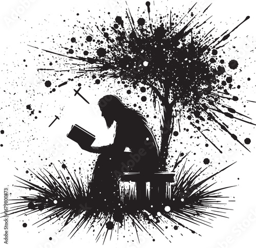 Silhouette of a person reading a book under a tree with ink splatters and cross symbols