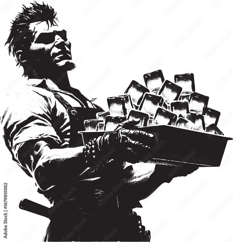 Fototapeta premium Dramatic Black and White Illustration of a Person Carrying a Tray of Ice Cubes