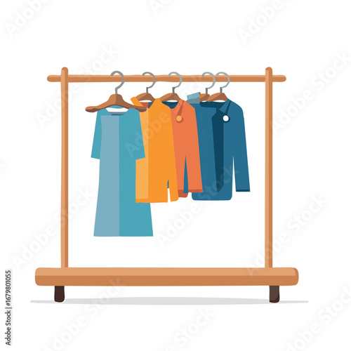 Cartoon Illustration of Clothes Hanging on Rack Wooden Display Apparel Fashion Design Store Shop Clothing