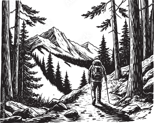 Monochrome expedition: hiker traverses a mountain trail amidst t