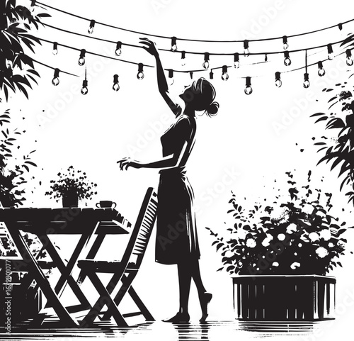 Elegant sumi-e illustration of woman adjusting string lights on