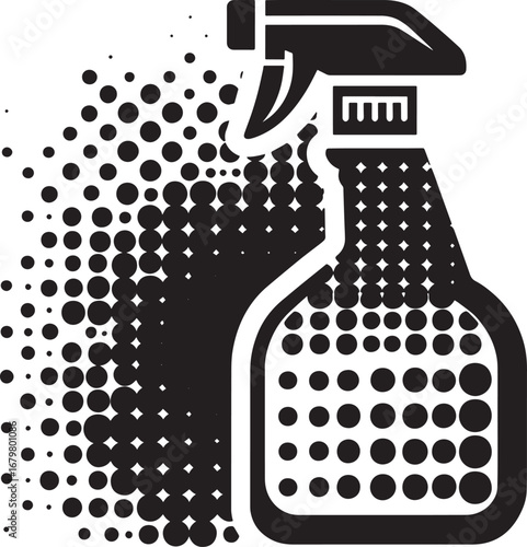 Vector illustration of a spray bottle for cleaning or sanitizing with halftone dots