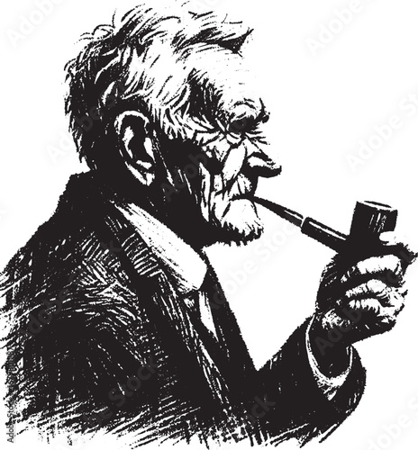 Illustration of an elderly man with a pipe, in black and white, vintage portrait