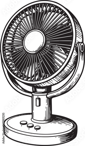Monochrome portable fan, hand-drawn illustration, refreshing sum