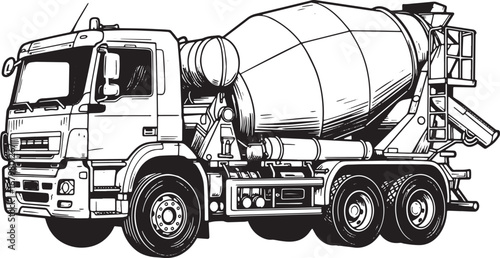 Monochrome depiction of a concrete mixer truck isolated on white