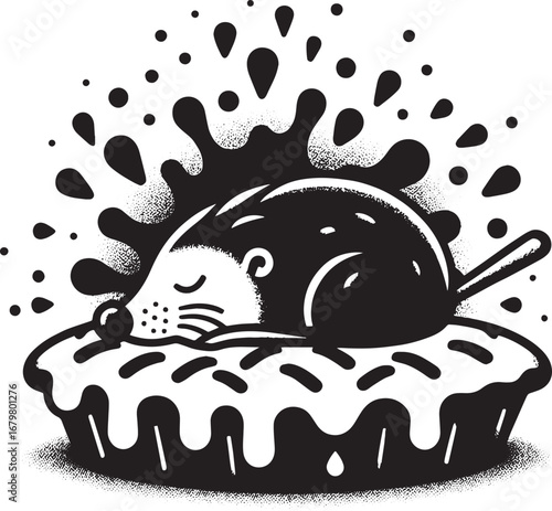 Whimsical illustration of a hedgehog resting peacefully on a pie with chocolate splash design
