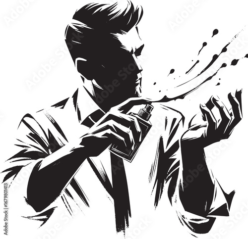 Monochromatic illustration depicting a man applying scent in a b