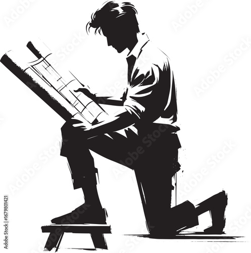 Sumi-e style illustration of an architect reviewing blueprint on