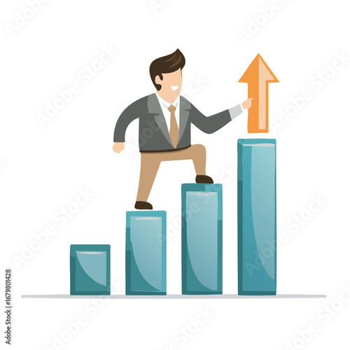 Businessman climbing bar chart with upward pointing arrow for career success