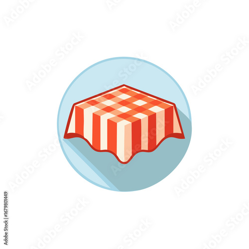 Isometric red and white checkered tablecloth with striped sides featured in a round flat design icon