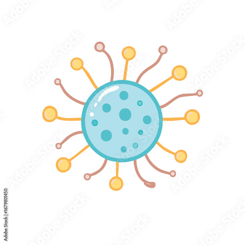 Cute cartoon virus cell illustration with yellow spikes, blue spotted bacteria