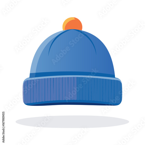 Illustration of a Blue Knitted Winter Hat with Orange Pom Pom for Warmth and Style on a Cold Day
