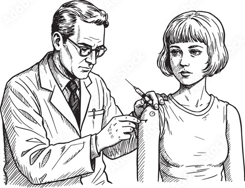 Monochrome woodcut illustrating vaccination procedure in black a